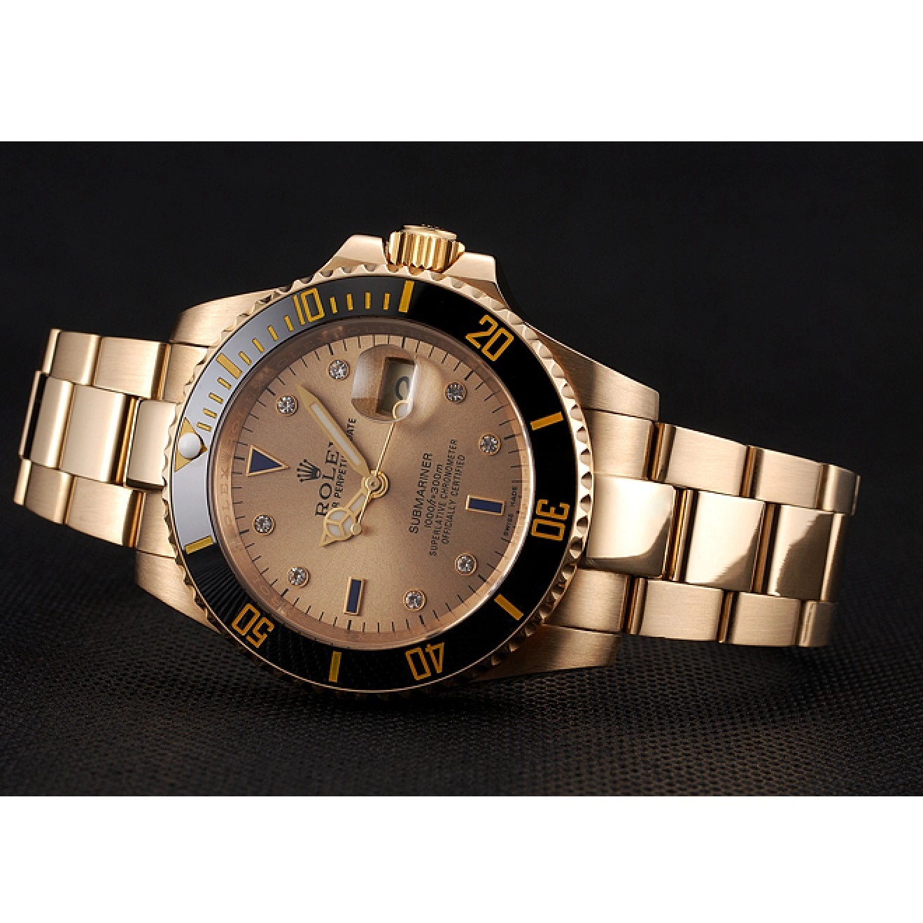 Aaa replica Black Markings Case Submariner Bracelet Bezel Diamond Yellow Dial Rolex Gold Swiss And Gold With 0718